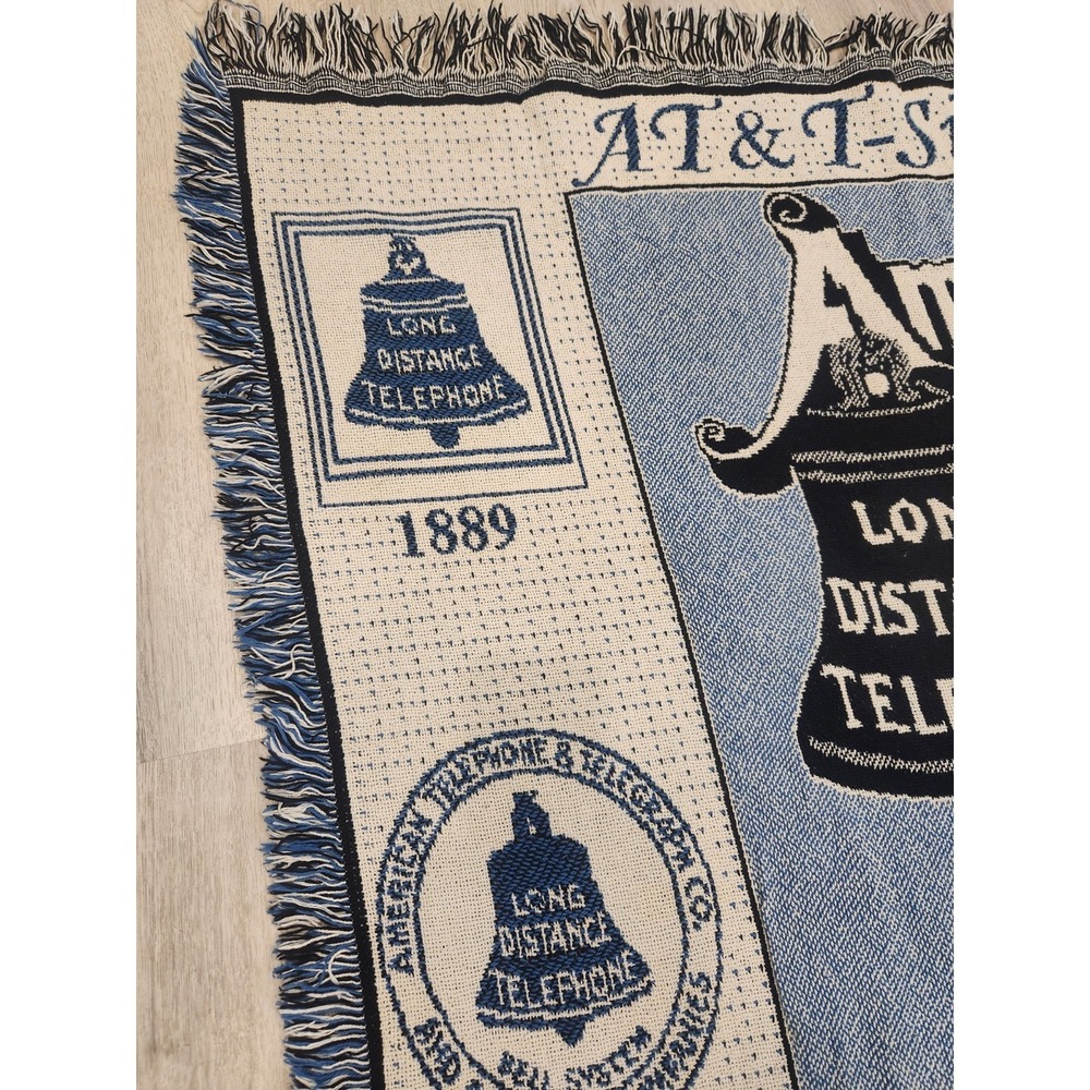Vintage Tapestry Throw Blanket AT&T Telephone Phone Timeline Blue Cream 70x47" - Picture 4 of 8